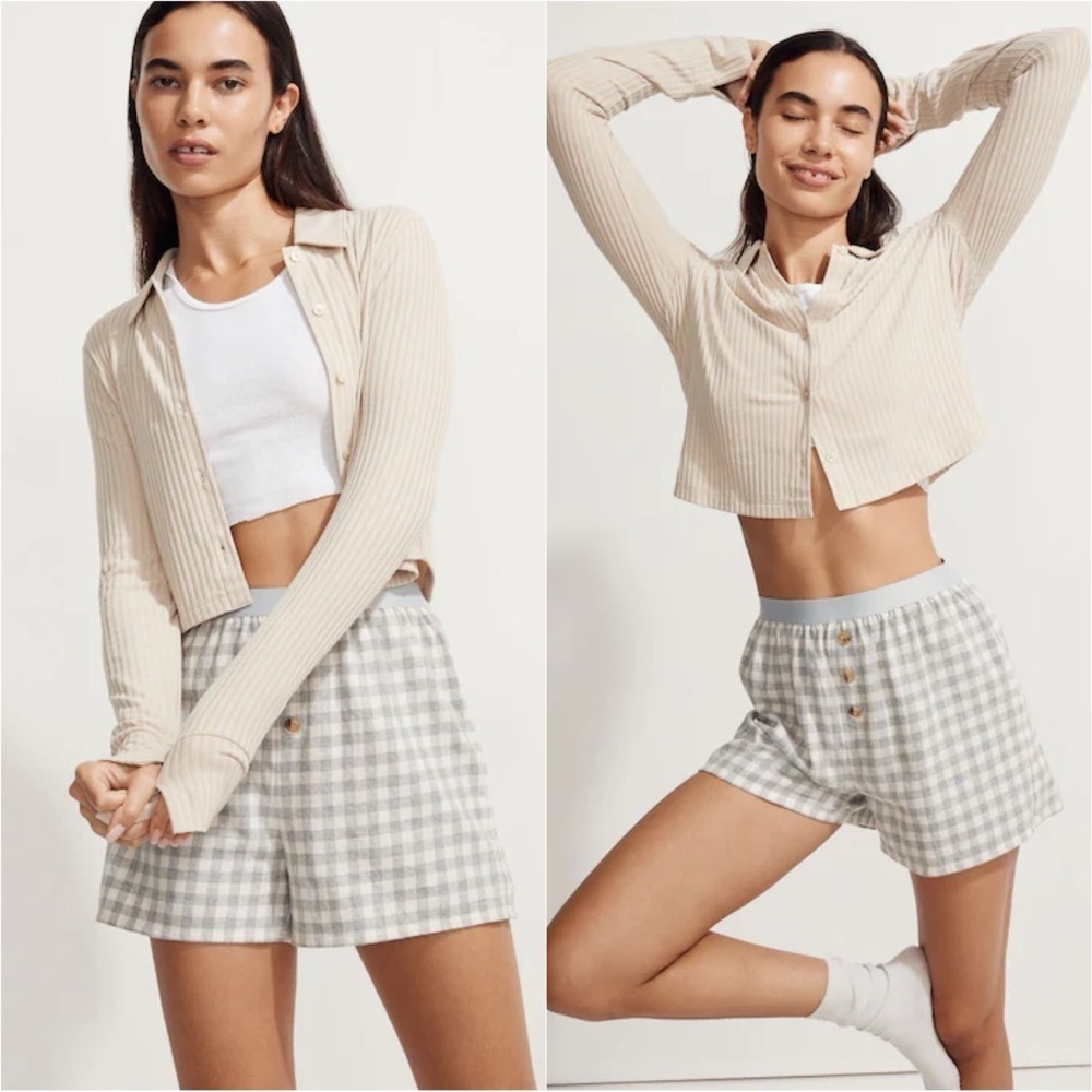 Madewell MWL Brushed Rib Cropped Cardigan Sweater Polo Collar Long Sleeve Sz S